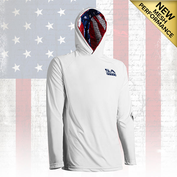 SA HOODED PERFORMANCE LONG SLEEVE SHIRT W/MESH | WHITE | INNER HOOD-AMERICAN FLAG