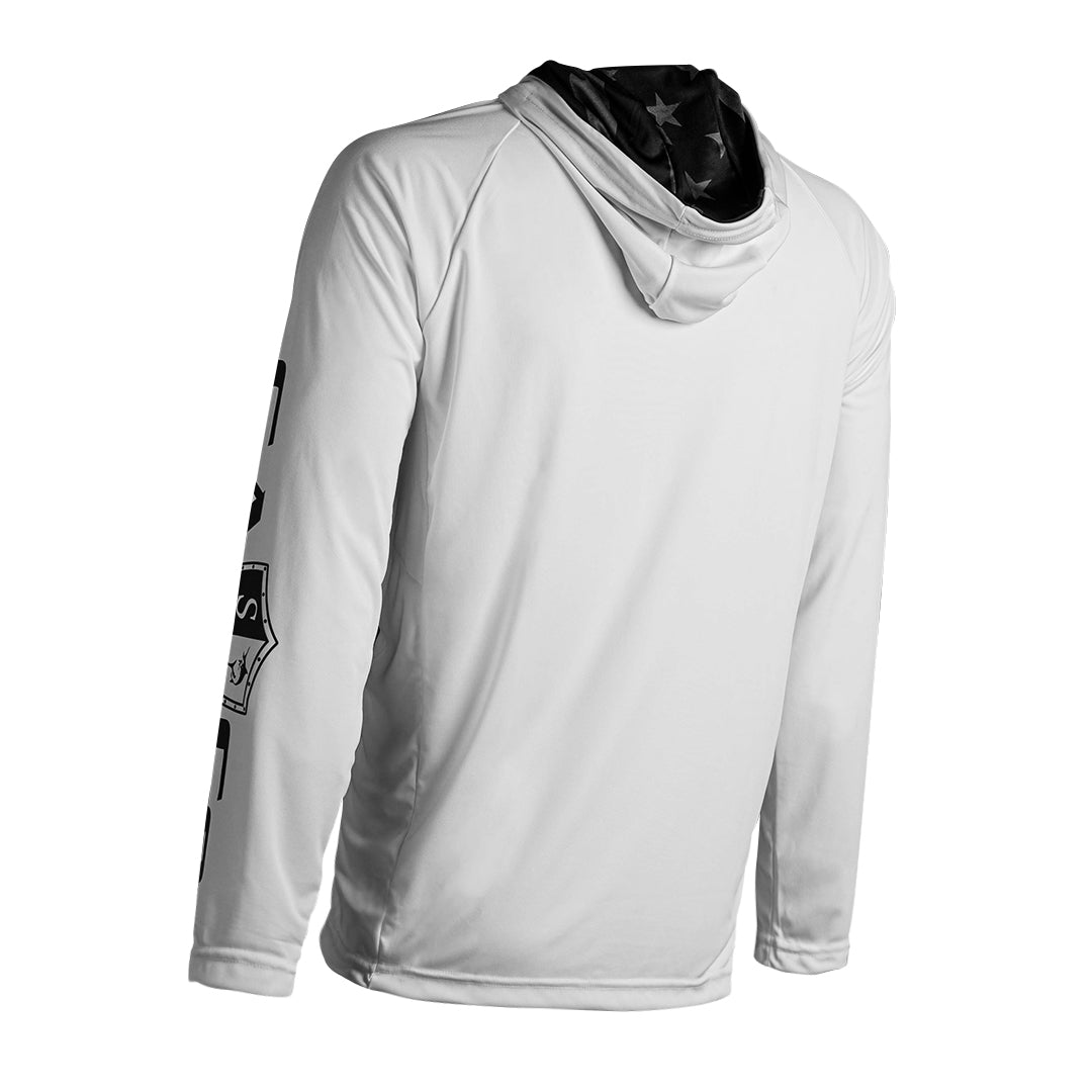 SA HOODED PERFORMANCE LONG SLEEVE SHIRT W/MESH | WHITE | INNER HOOD-B/O AMERICAN FLAG