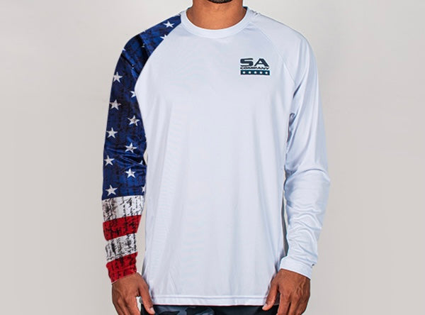PERFORMANCE LONG SLEEVE SHIRT W/ MESH | WHITE | 1 SLEEVE-AMERICAN FLAG