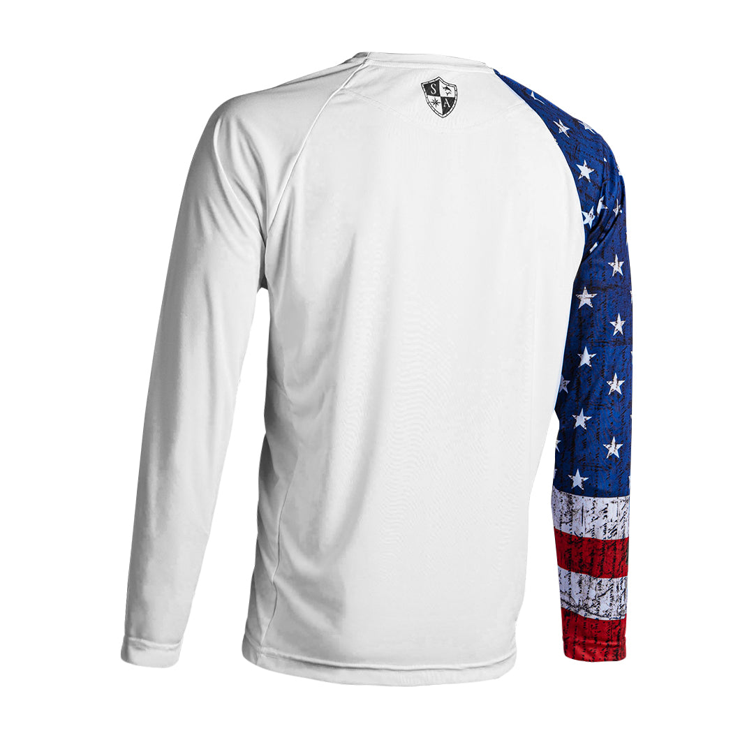 PERFORMANCE LONG SLEEVE SHIRT W/ MESH | WHITE | 1 SLEEVE-AMERICAN FLAG